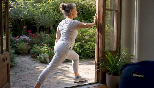 Woman doing doorway chest stretch in home