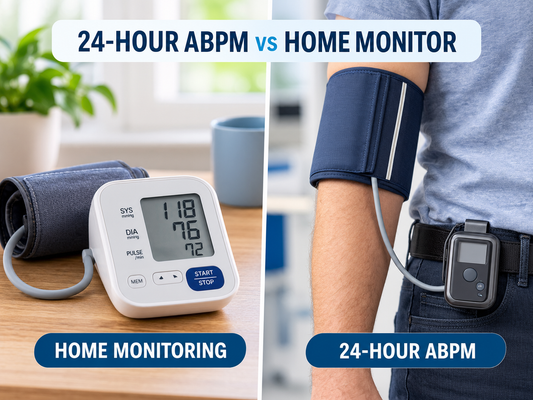 Illustration comparing routine home blood pressure monitoring with clinical 24-hour ambulatory monitoring; generic devices, not AXD-808 product photography