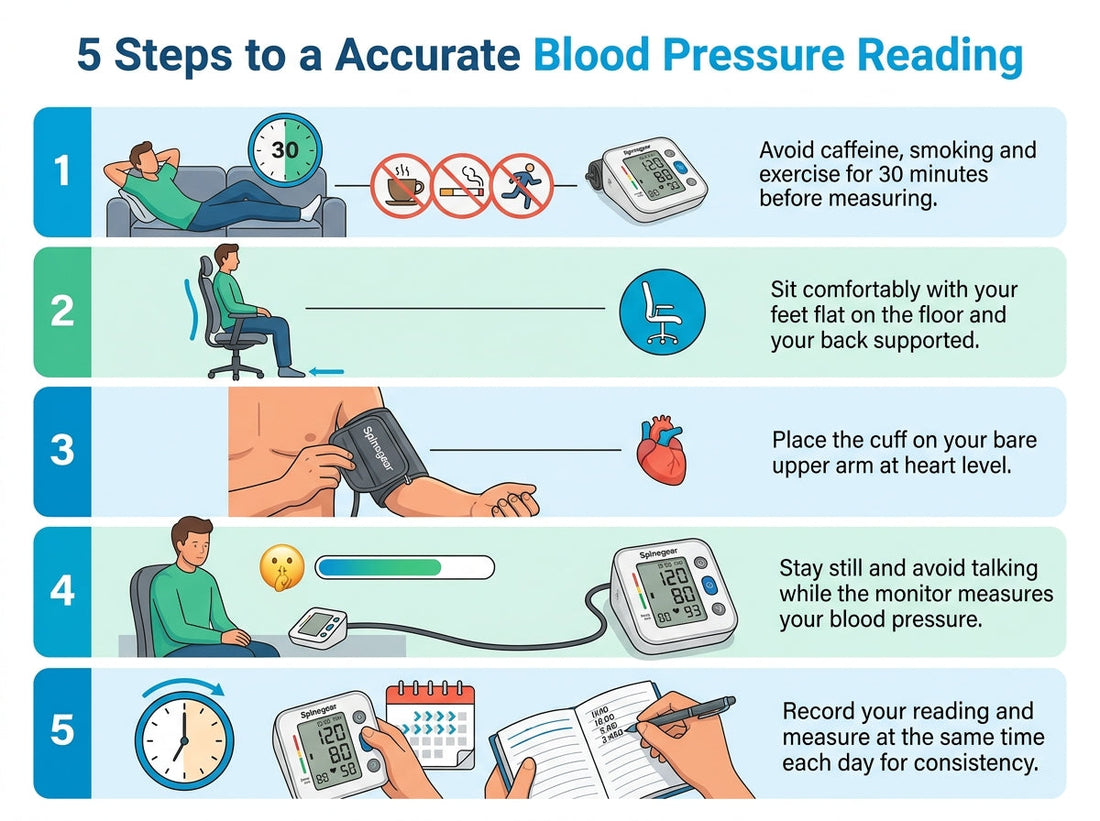 Illustrated steps for measuring blood pressure at home with an upper-arm monitor