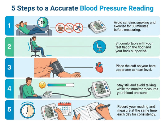 Illustrated steps for measuring blood pressure at home with an upper-arm monitor