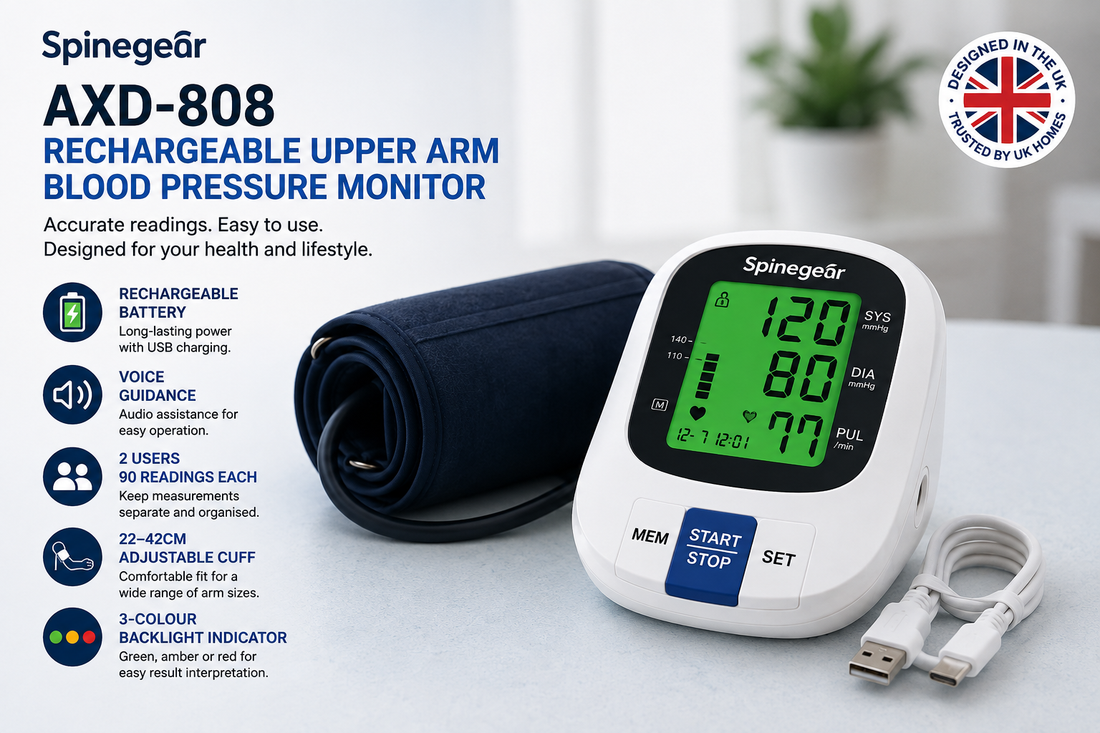 Spinegear AXD-808 rechargeable upper arm blood pressure monitor with adjustable cuff and USB charging