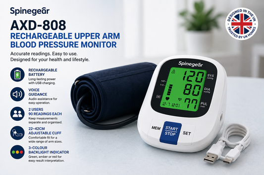 Spinegear AXD-808 rechargeable upper arm blood pressure monitor with adjustable cuff and USB charging