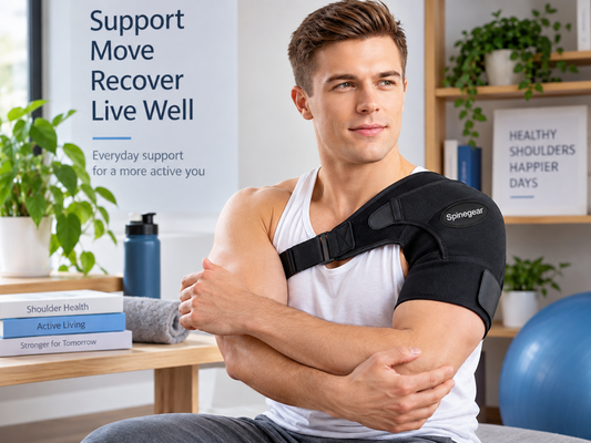Man wearing a Spinegear adjustable shoulder support brace