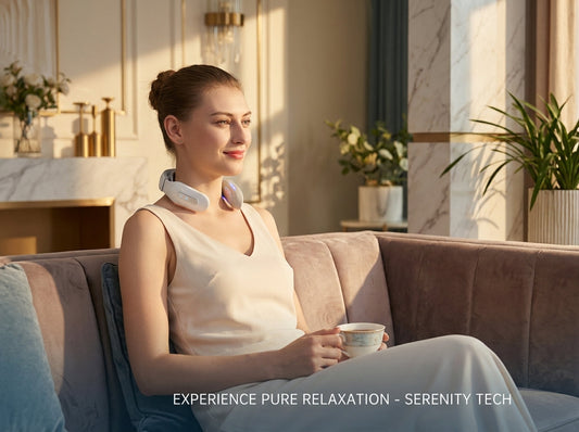Person relaxing with a neck massager, lifestyle image from the Spinegear 4-head neck massager product listing