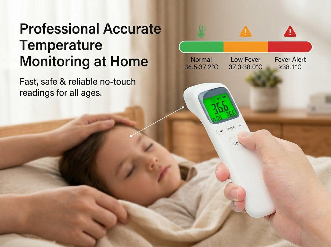 Spinegear no-touch forehead thermometer being used to check temperature