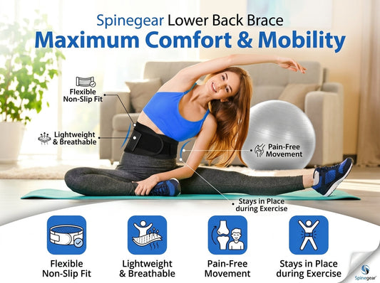 Person wearing a Spinegear lumbar support belt for a lower-back support guide
