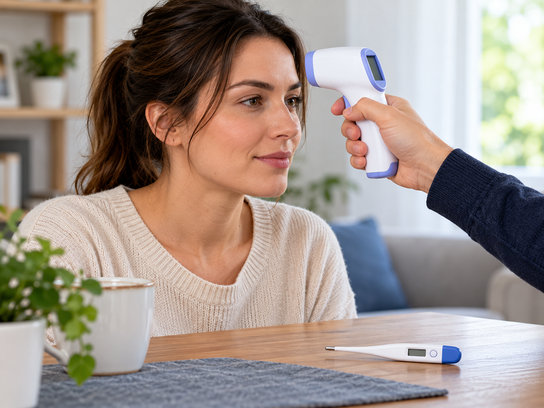 Adult having a no-touch forehead temperature check with a digital oral thermometer nearby