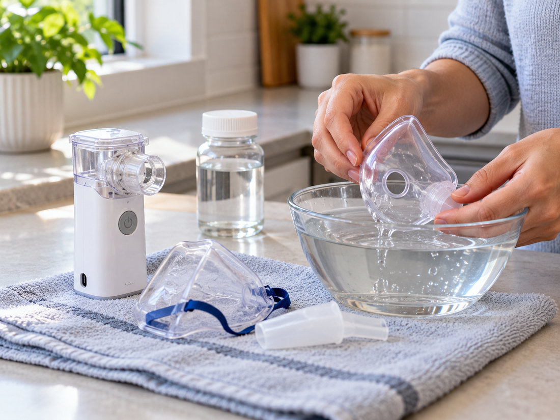 Cleaning a detachable nebuliser mask while keeping the electronic mesh nebuliser unit dry