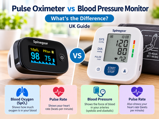 Illustrative comparison of pulse oximeter and upper-arm blood pressure monitor; AI-generated product depictions, not verified photographs of Spinegear models
