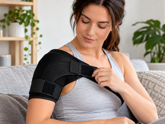 Woman adjusting a shoulder support brace at home for a shoulder brace versus sling guide