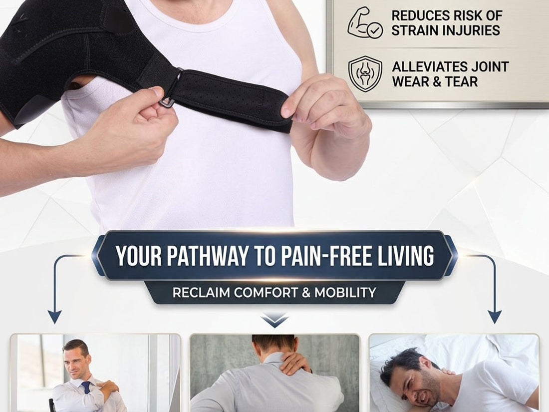 Person wearing a shoulder support with heat and cold pack options for shoulder pain self-care