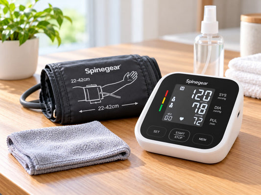 Spinegear upper arm blood pressure monitor and cuff beside a soft microfiber cloth for safe cleaning and care