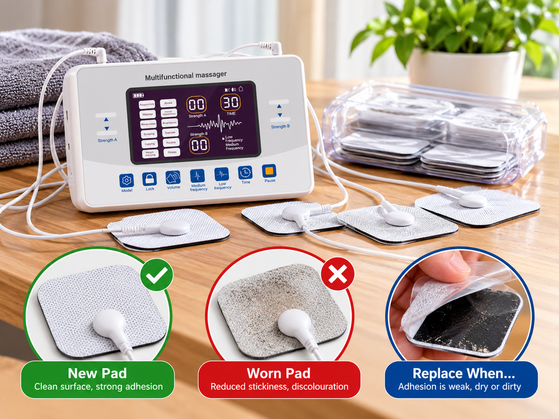 Spinegear white TENS EMS multifunctional massager with new and worn electrode pads showing when pads need replacement