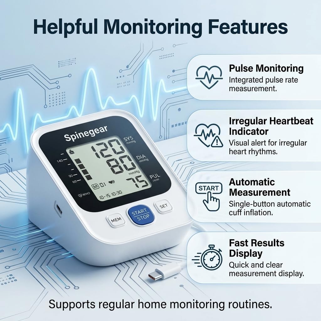 Spinegear Blood Pressure Monitor – Upper Arm BP Machine with 22-42cm Cuff