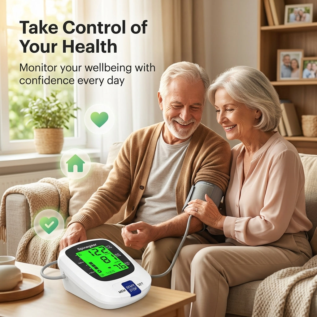 Senior couple using a blood pressure monitor in a cozy living room.