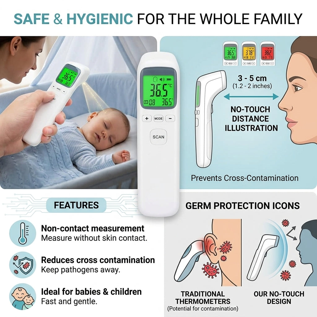 Infrared thermometer hygienic use, suitable for babies and children.