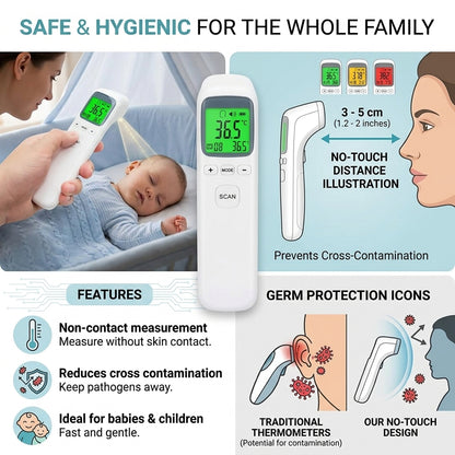 Infrared thermometer hygienic use, suitable for babies and children.