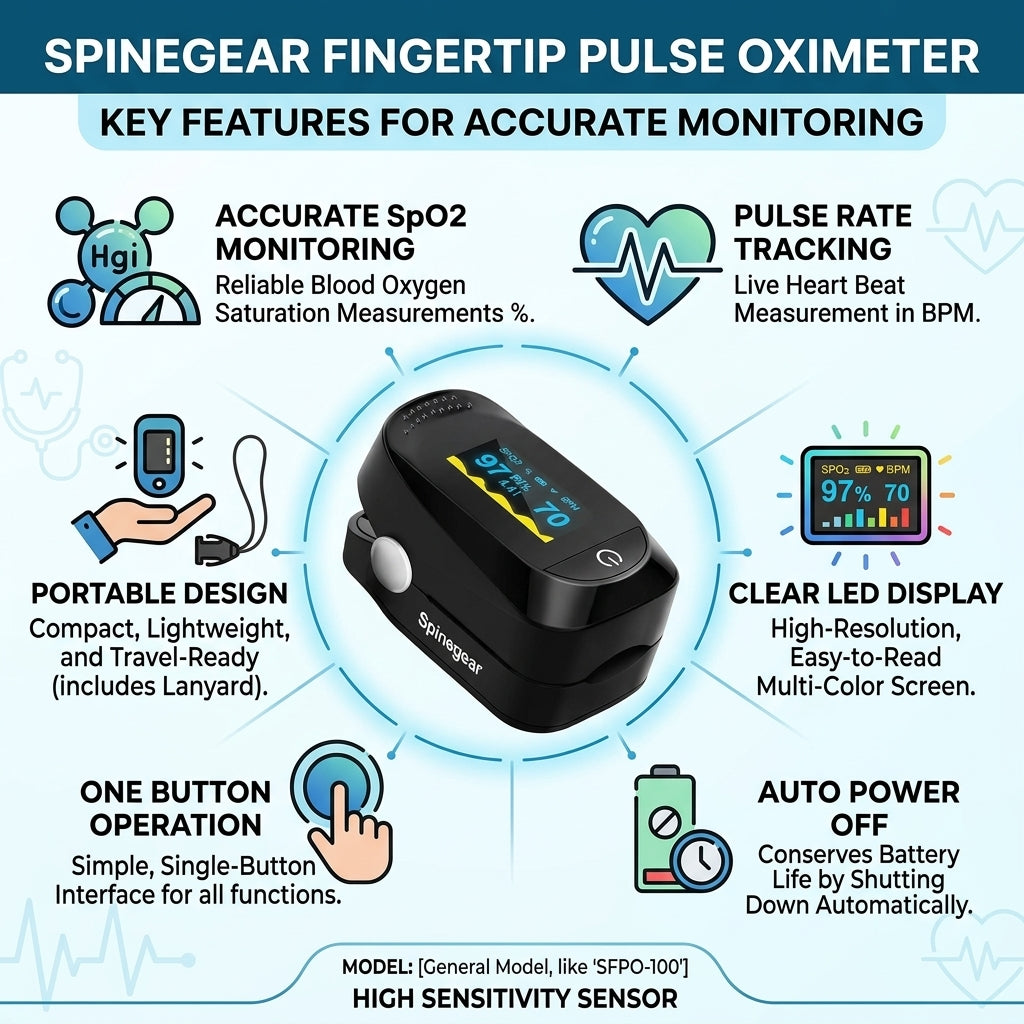 Spinegear Finger Pulse Oximeter SpO2 Blood Oxygen Monitor