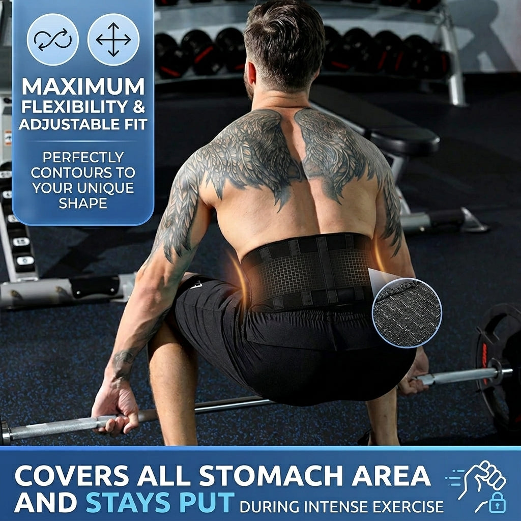 Person wearing a back support brace in a gym setting