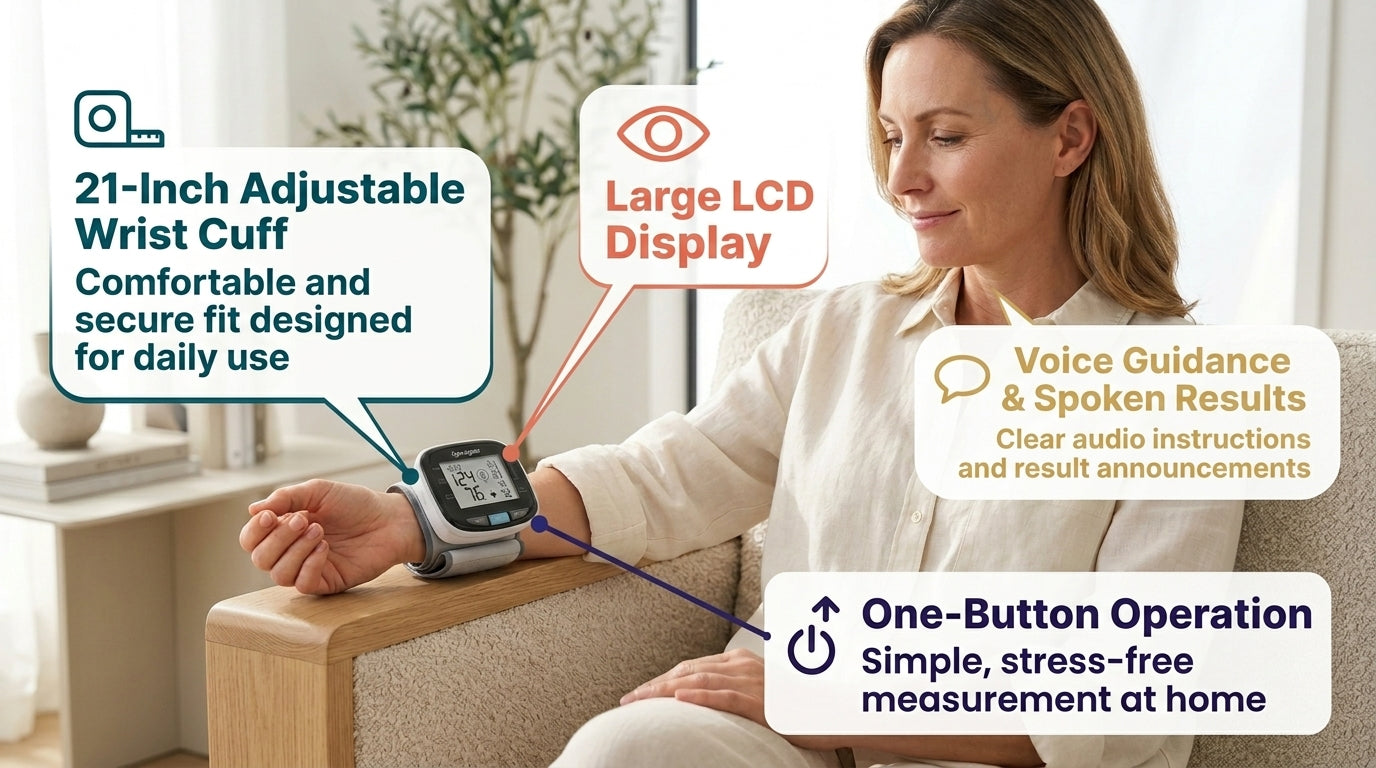 Woman using a blood pressure monitor adjustable wrist cuff, large LCD display, voice guidance, and one-button operation.