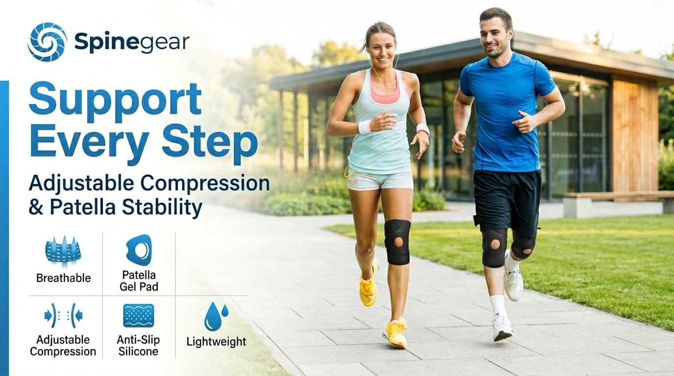 Two people running outdoors with Spinegear compression products displayed.