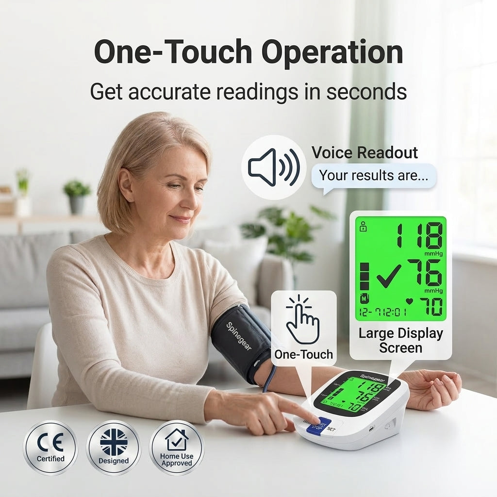 Woman using a blood pressure monitor with one-touch operation and accurate readings.