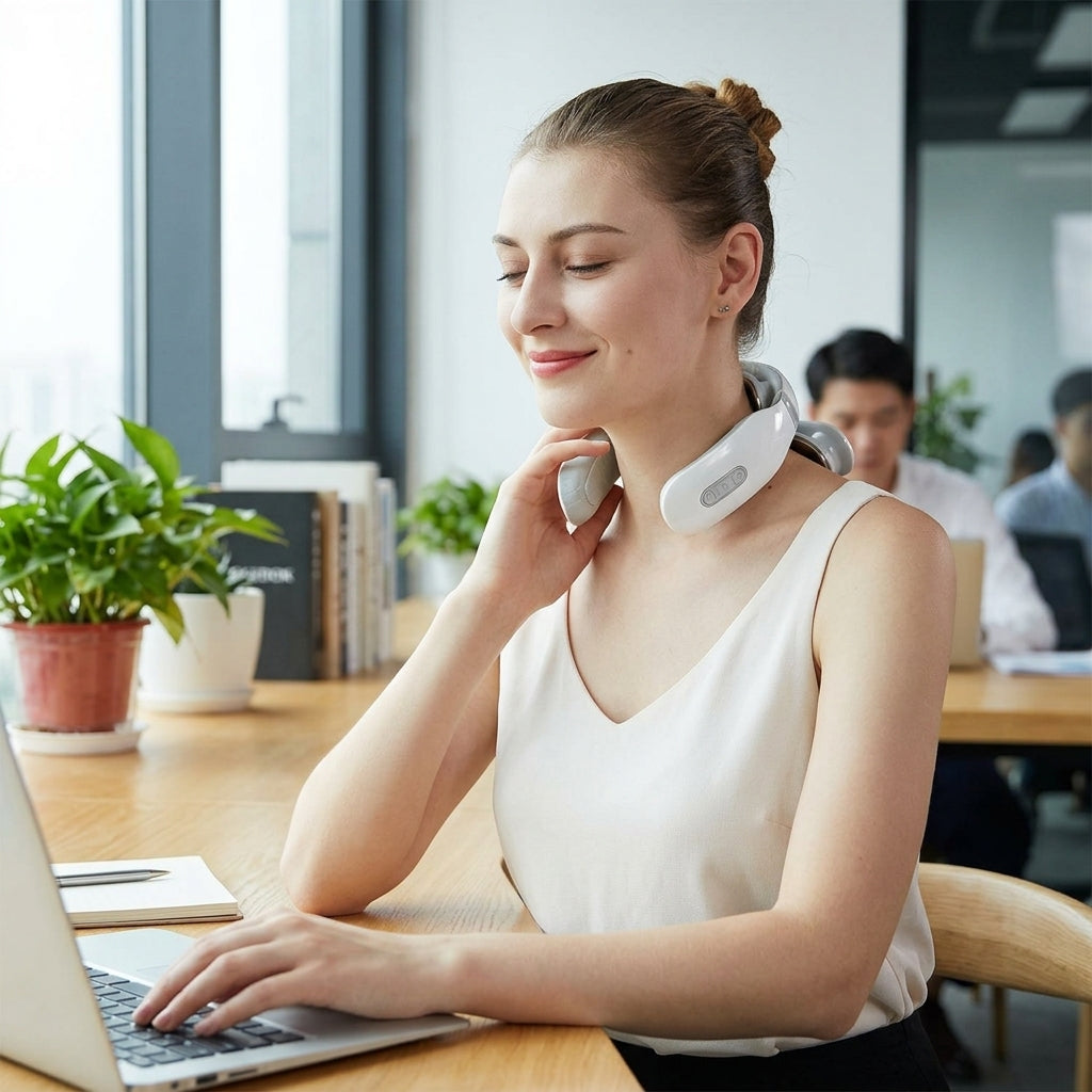 Woman using a neck massager in an office setting