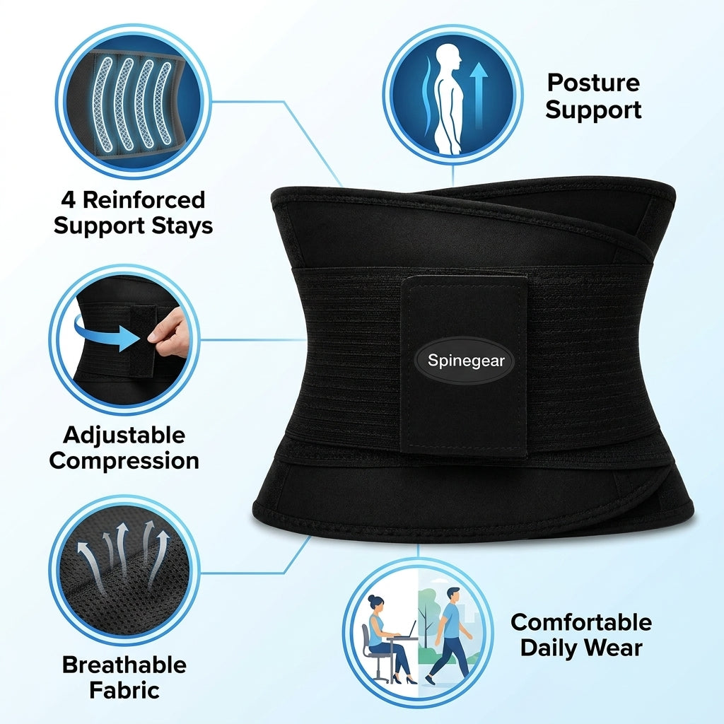 Lumbar support belt with 4 support stays for enhanced back support