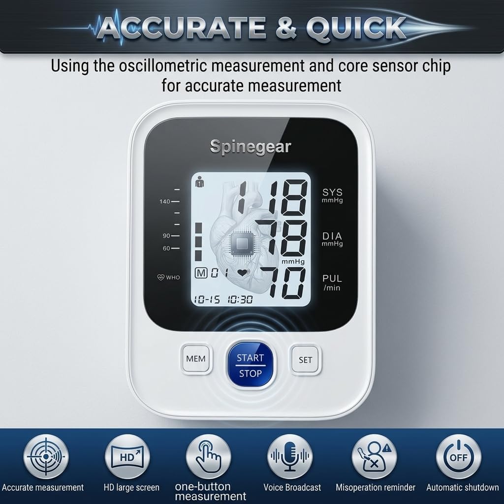 Spinegear Blood Pressure Monitor – Upper Arm BP Machine with 22-42cm Cuff