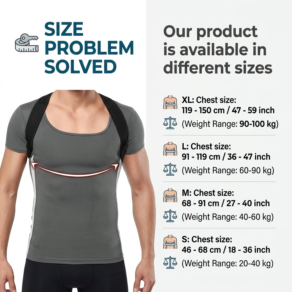 Product size chart with a person wearing adjustable posture corrector
