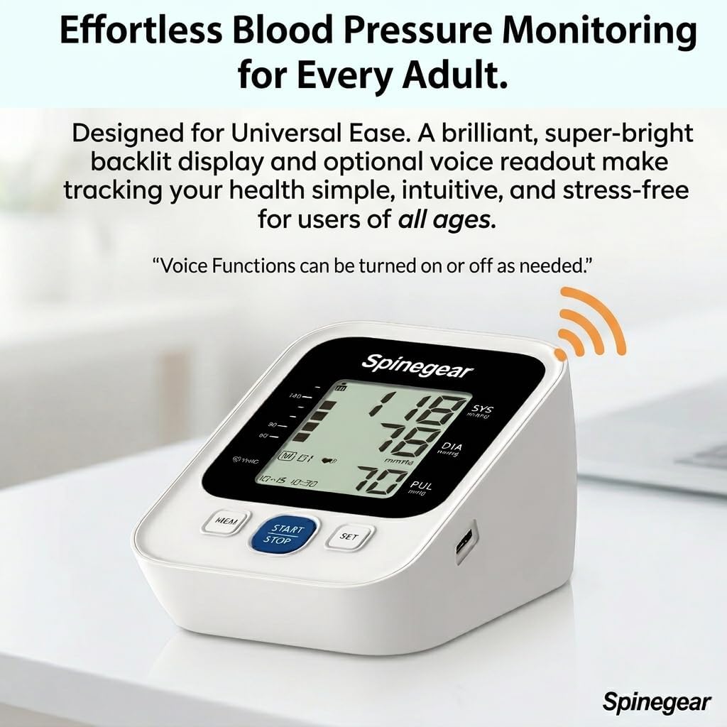 Spinegear Blood Pressure Monitor – Upper Arm BP Machine with 22-42cm Cuff