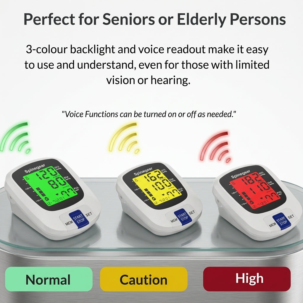 Three blood pressure monitors with color-coded indicators
