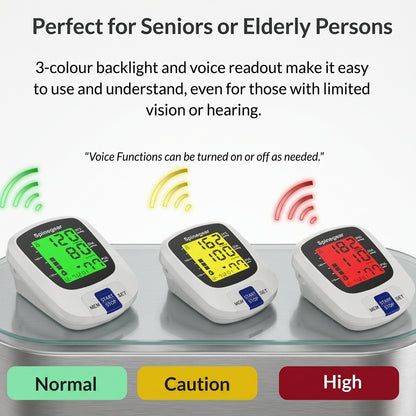 Three blood pressure monitors with color-coded indicators